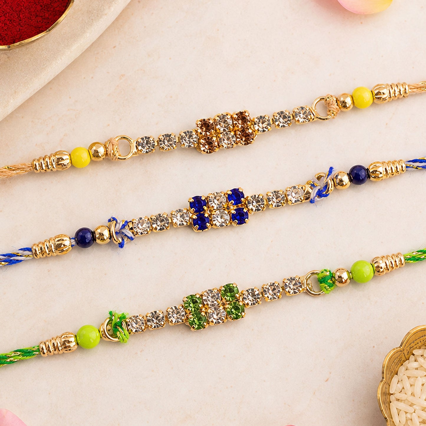 Square Stone Block Rakhi in Mix Colour Silk Threads (Pack of 6)