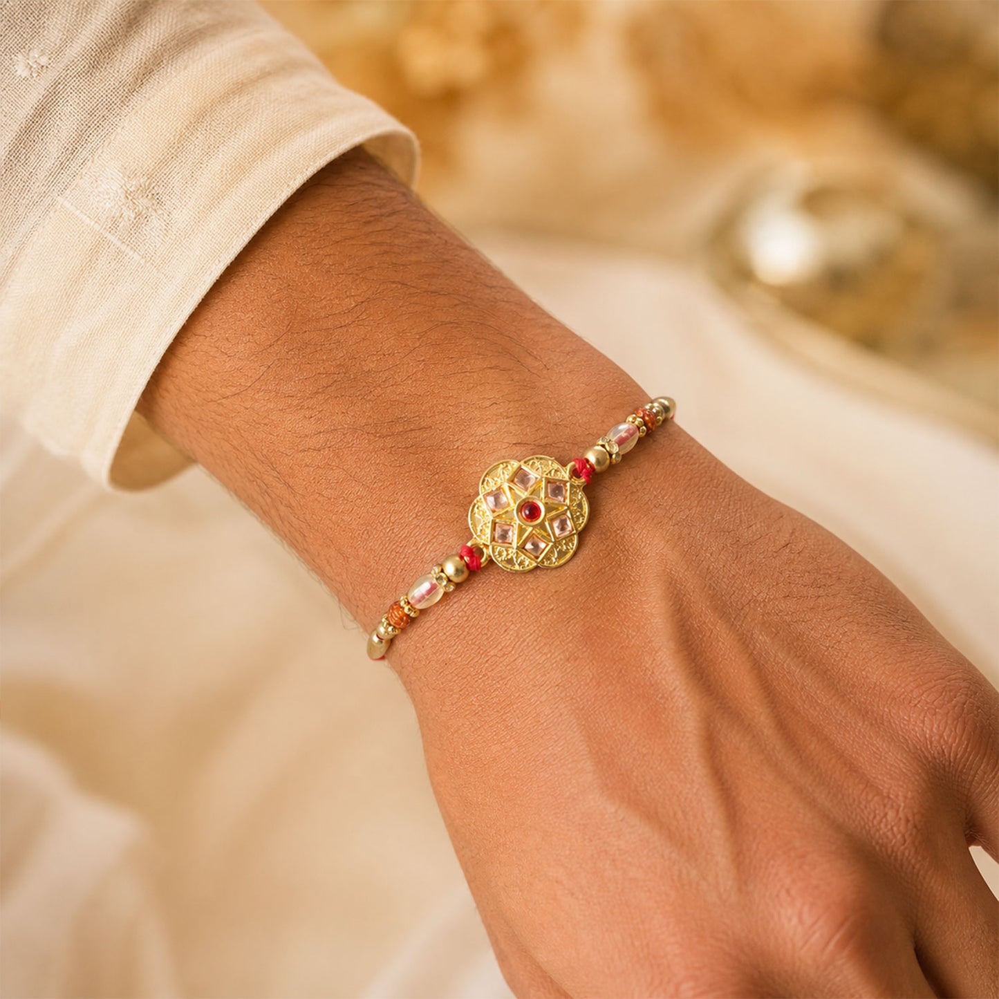 Divine Rakhi with Circular Sacred Medallion and gold trims in chain look for Gift Use