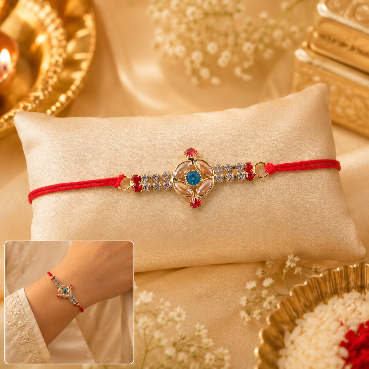 Tiny Oval Stone Rakhi with Red Thread and Delicate Gold Beads