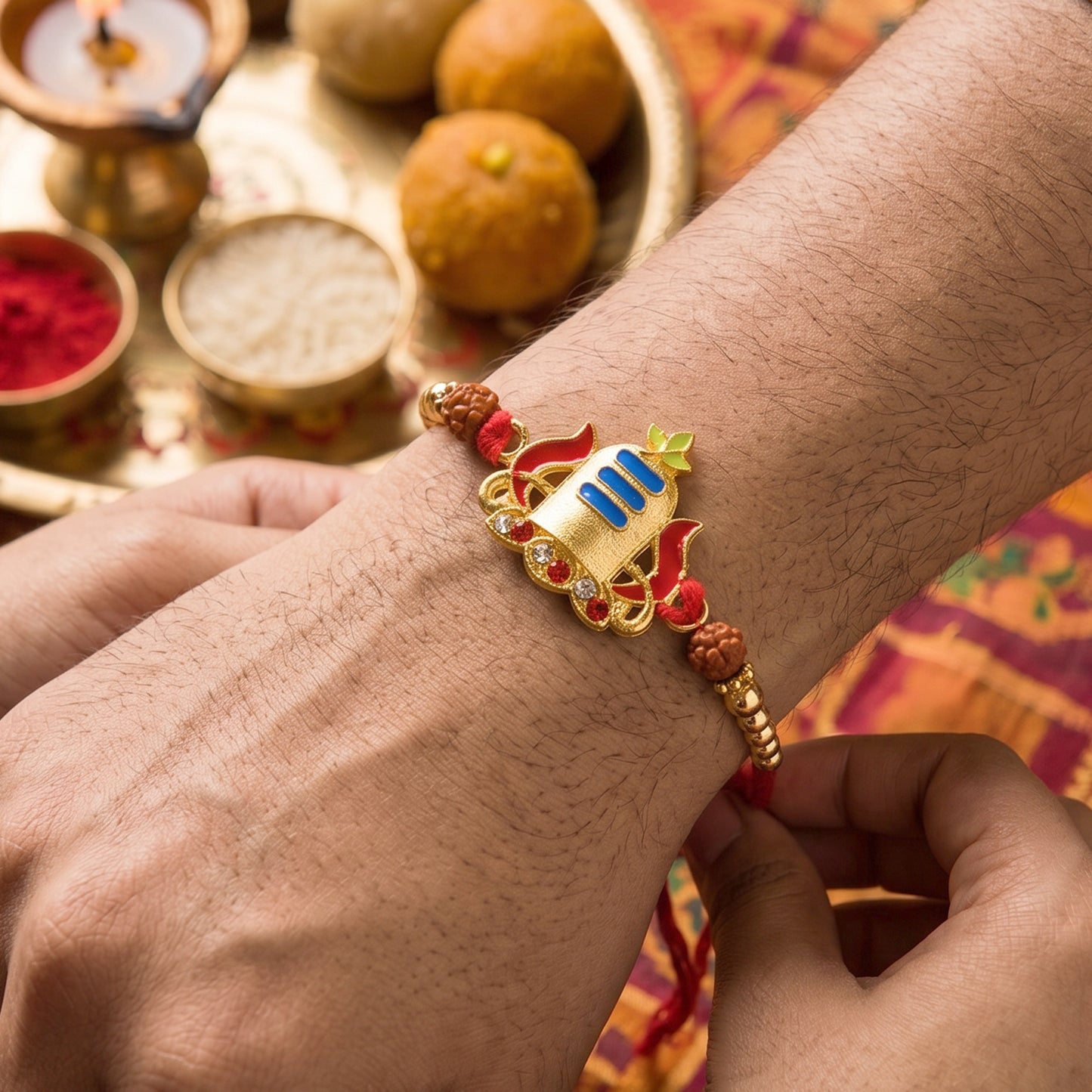 Gold Shivling Rakhi with Blue Tilak and Rudraksha Beads
