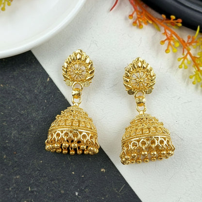 Gold plated ethnic dome jhumka earrings with floral design and hanging beads
