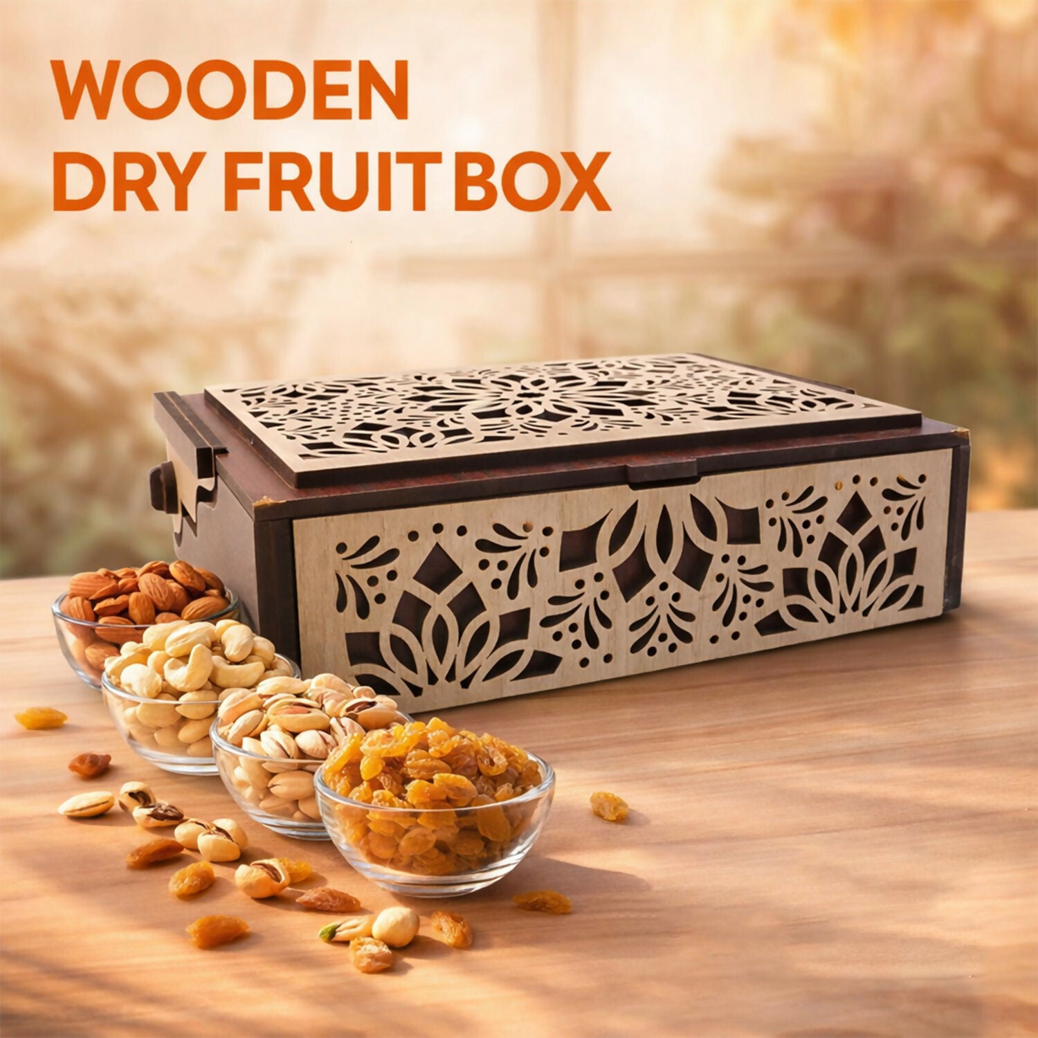 Wooden dry fruit box displayed on dining table with dry fruits