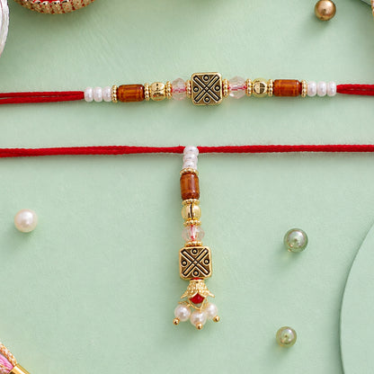 Geometric Square Couple Rakhi Set with Amber Beads and Pearl Lumba for Bhaiya Bhabhi