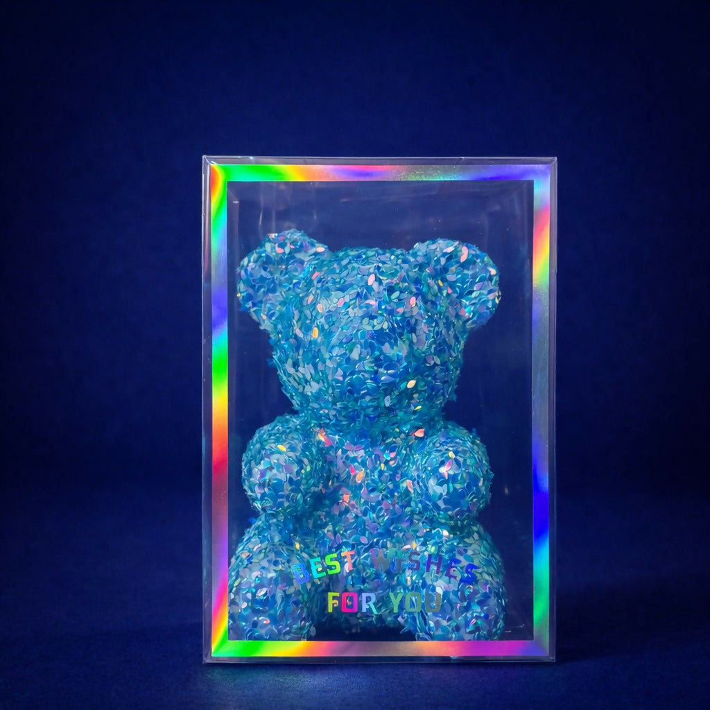 Blue Glitter Teddy Bear Showpiece with Transparent Gift Display Box
