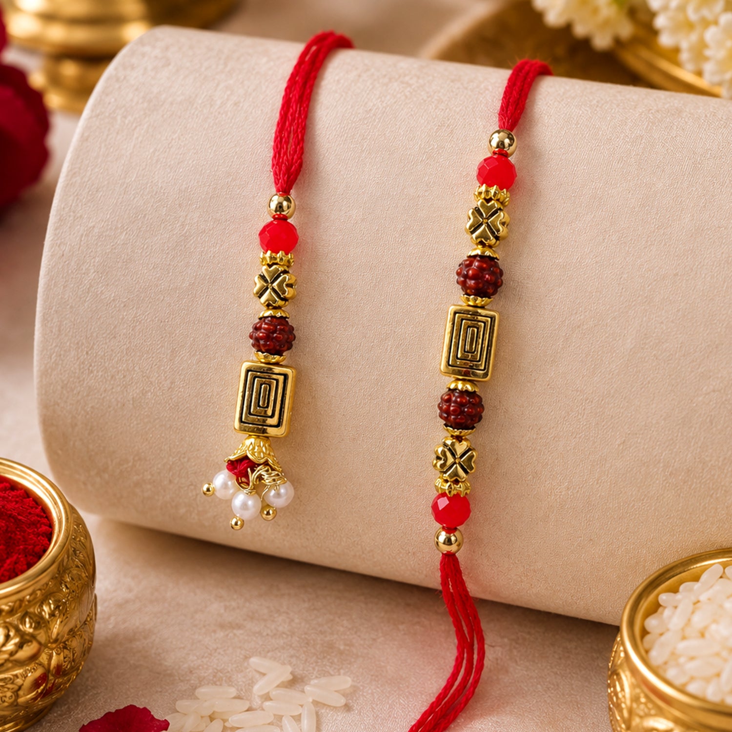 Geometric Spiral Rakhi Pair with Rudraksha Beads for Traditional Couple Gifting Set