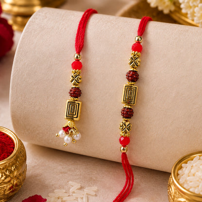 Geometric Spiral Rakhi Pair with Rudraksha Beads for Traditional Couple Gifting Set
