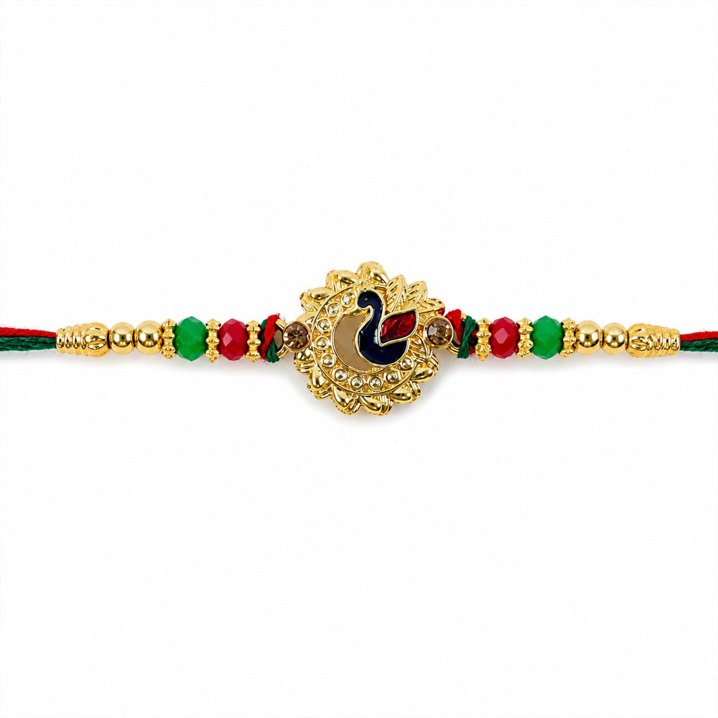 Peacock Floral Golden Rakhi with Blue Green Enamel, Red Beads and Decorative Centre