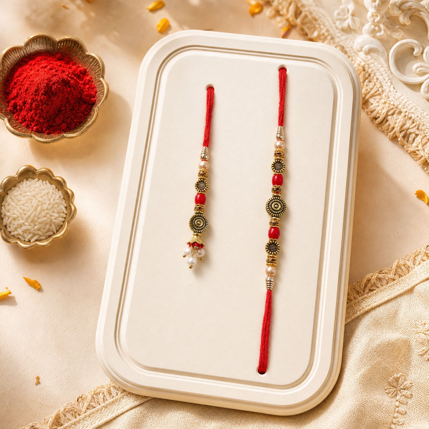 Graceful Beaded Minimal Design Bhai Bhabhi Rakhi with Beads and Disc for Gifting