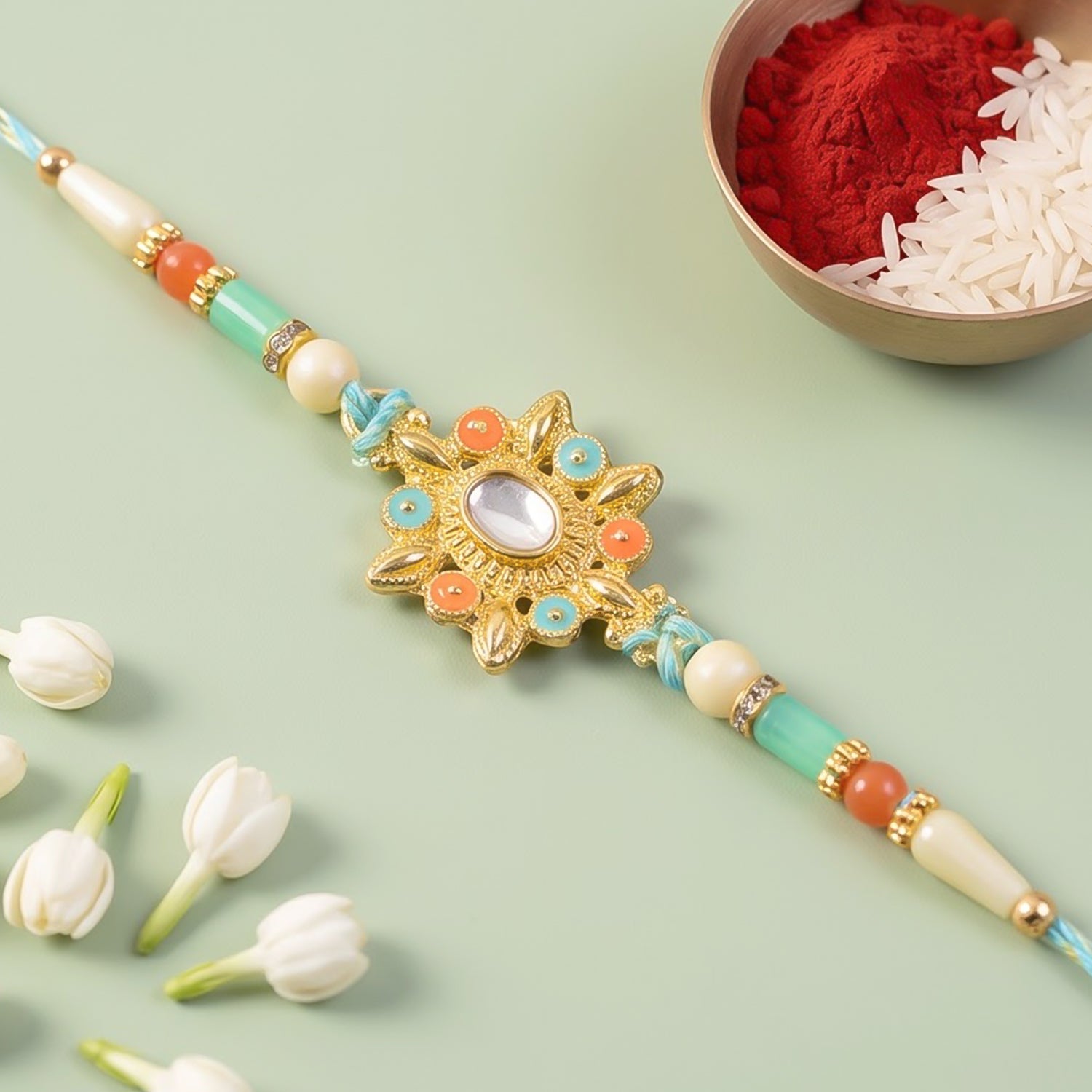 Sunflower Kundan Mirror Pendant Rakhi with Pastel Beads