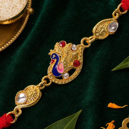 Elegant Rakhi showcasing Peacock Charm, color stones and gift style for Gift Styling