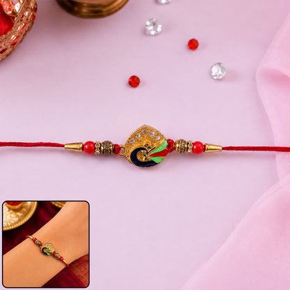 Peacock Feather Rakhi with Red Beads and Cute Mor Charm