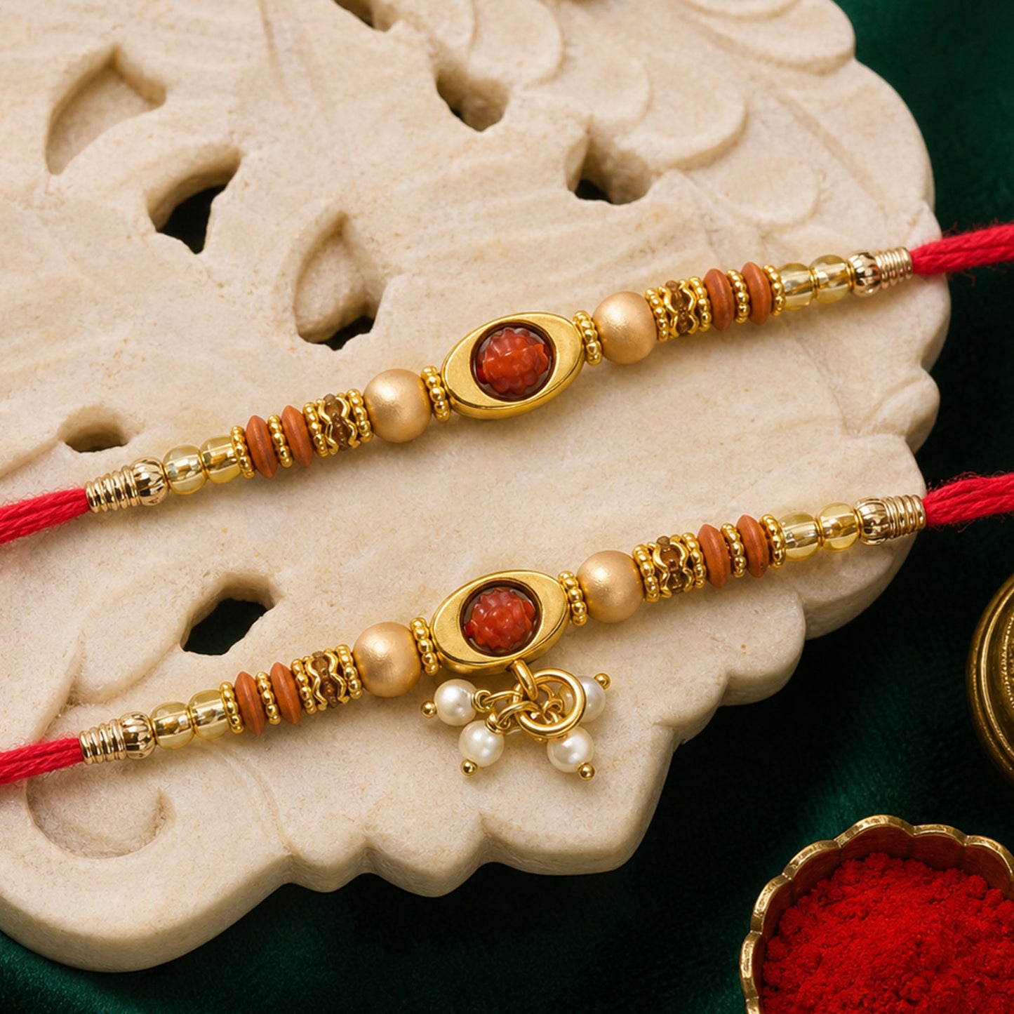 Elegant Pearl Drop Bhaiya Bhabhi Rakhi Set with Designer Beads & Red Thread Gift