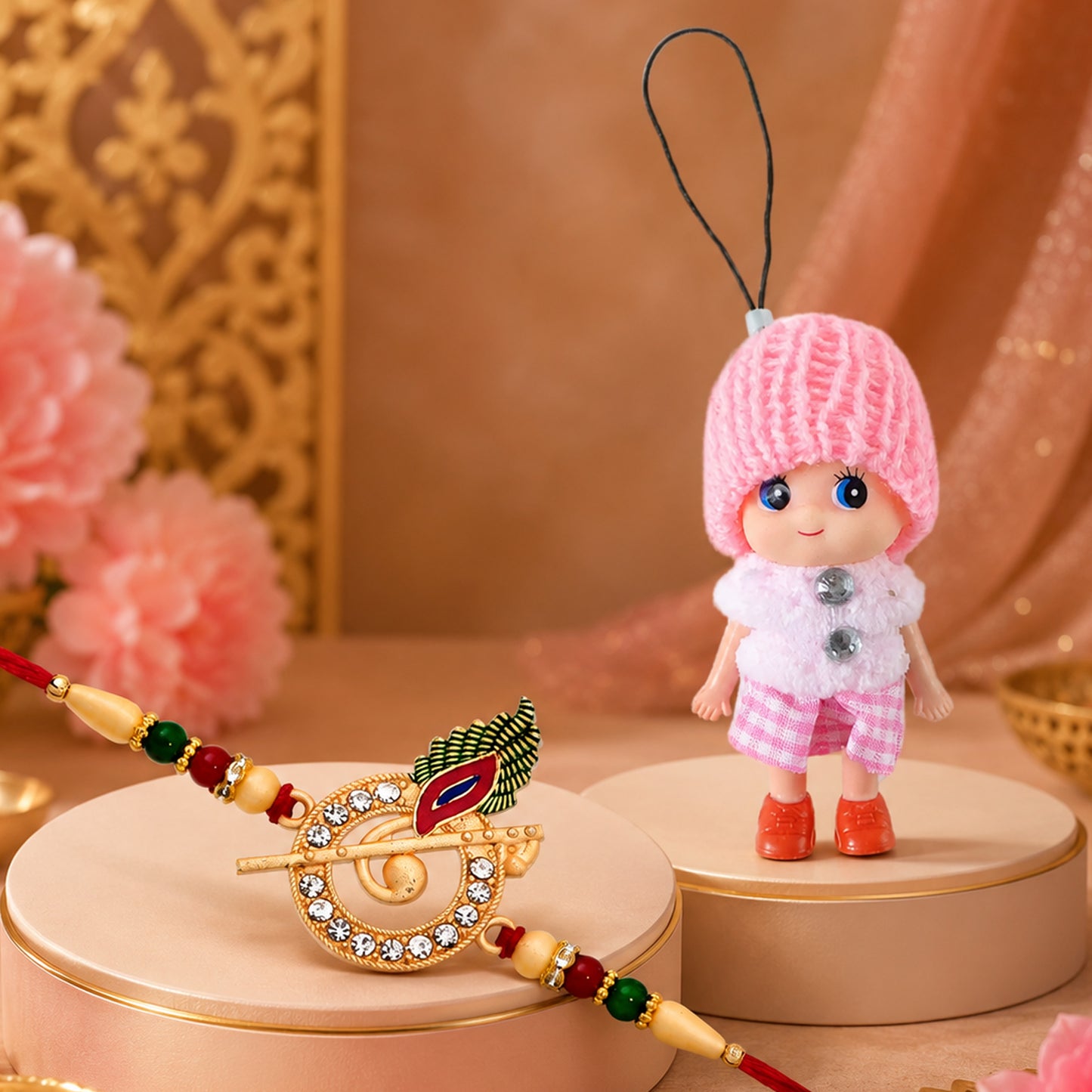 Krishna Bansuri Studded Crystal Rakhi with Cute Doll Keychain Combo (2 Pc)