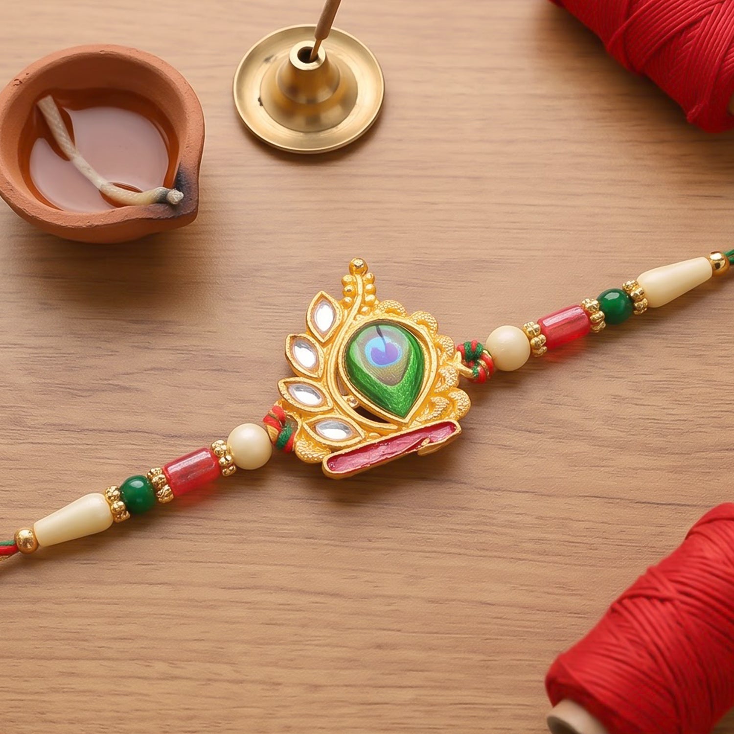 Peacock Feather Crown Kundan Pendant Rakhi with Pearl Beads