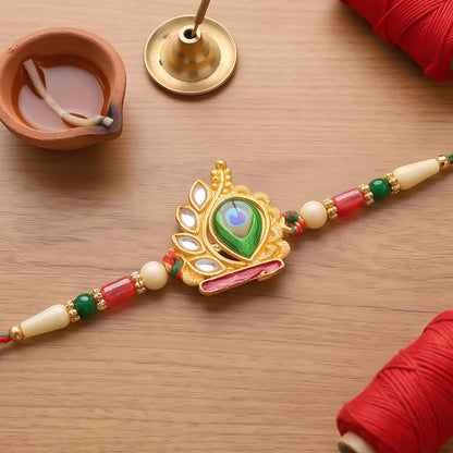 Peacock Feather Crown Kundan Pendant Rakhi with Pearl Beads