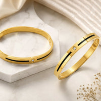 Men's Golden-Plated Black Enamel Striped & CZ Crystal Kada | Hinged Oval Cuff Bracelet