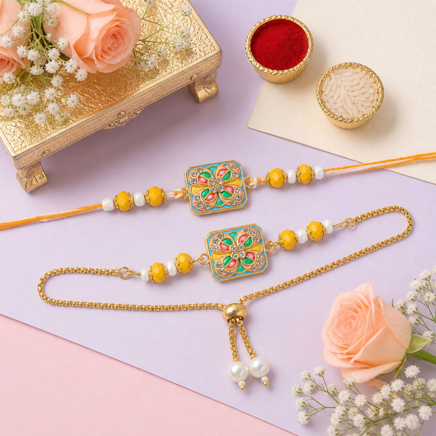 Square Meenakari Floral Studded Crystal Pearl Beads Bhai Bhabhi Rakhi Lumba Set