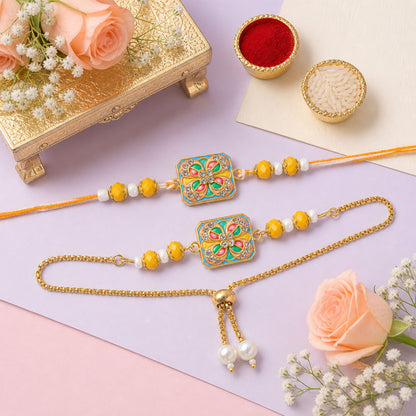 Square Meenakari Floral Studded Crystal Pearl Beads Bhai Bhabhi Rakhi Lumba Set
