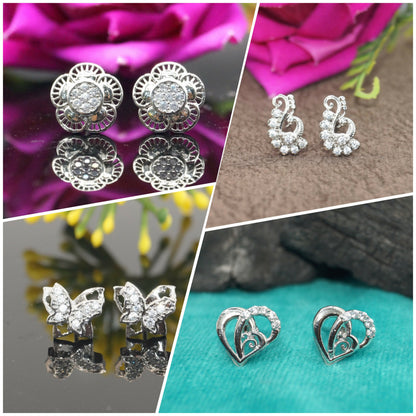 Sterling silver stud earrings set featuring floral, heart, butterfly, and peacock designs