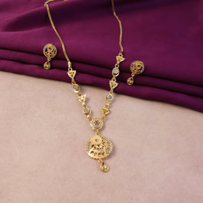 Classic Gold-Tone Floral Engraved Pendant Necklace Set with Designer Stud Earrings