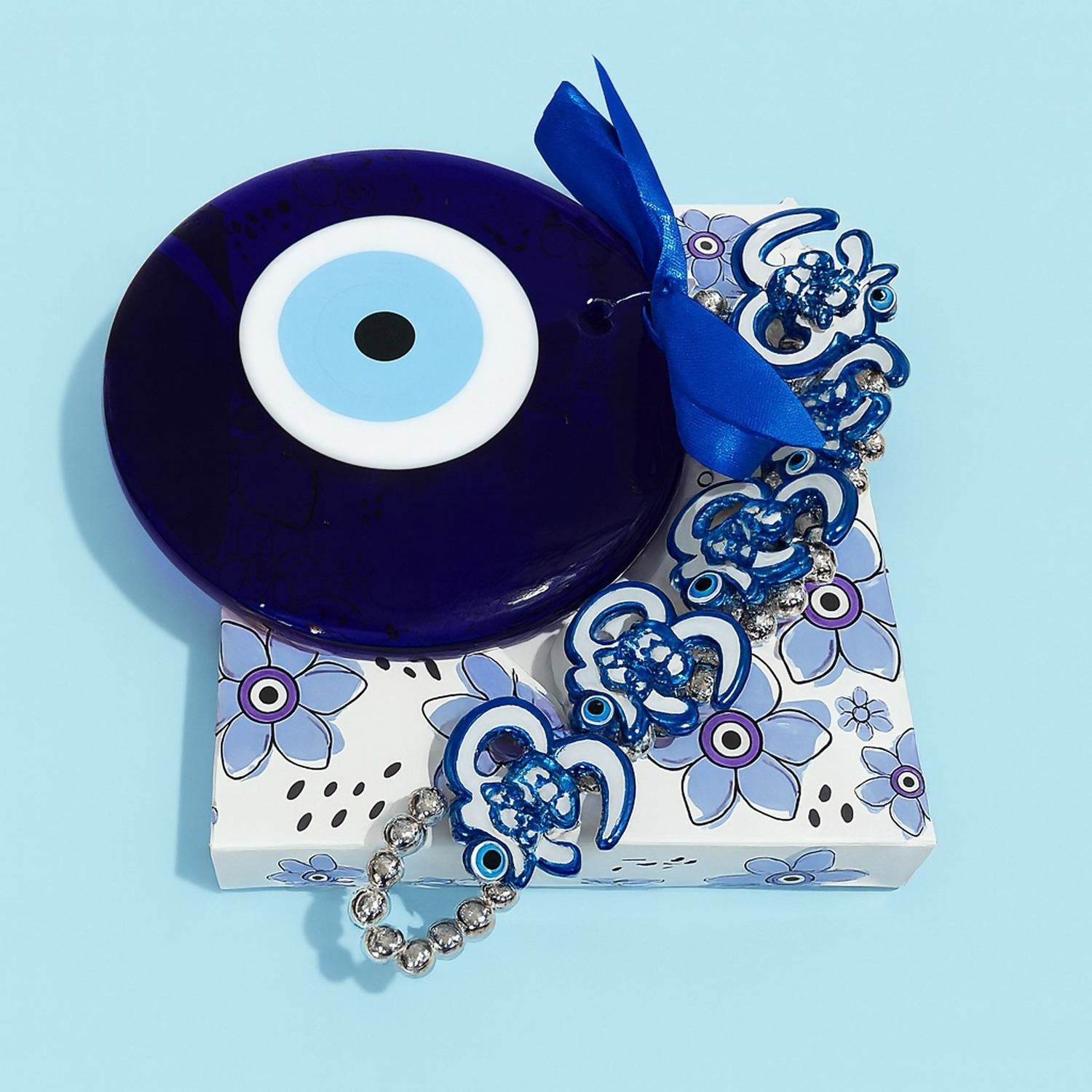 Evil Eye Wall Hanging with Blue Lotus & Om Design – Nazar Battu Hanging for Home, Office & Car Décor, Protection Symbol with Decorative Ribbon, Good Luck Charm, Gift Item (Blue)