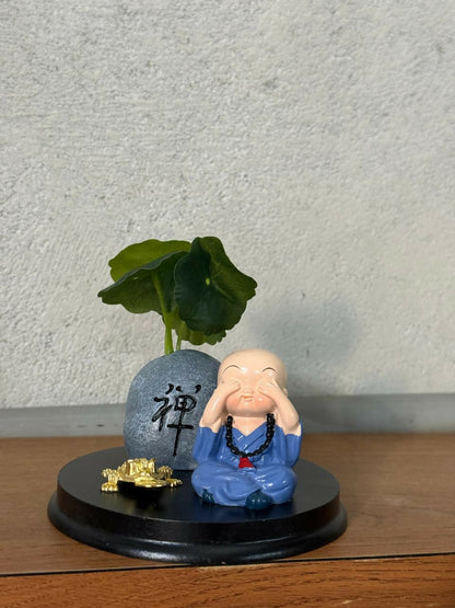 Zen Monk Showpiece with Lucky Money Frog & Mini Planter — Home & Office Decor(ANY COLOR)