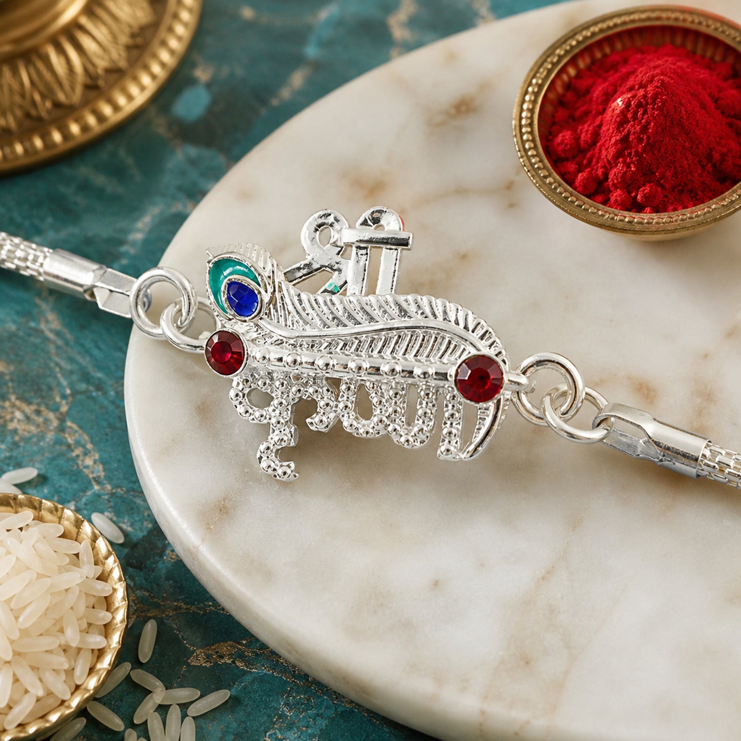 Shri Krishna Feather Enamel Stone Silver Chain Designer Rakhi
