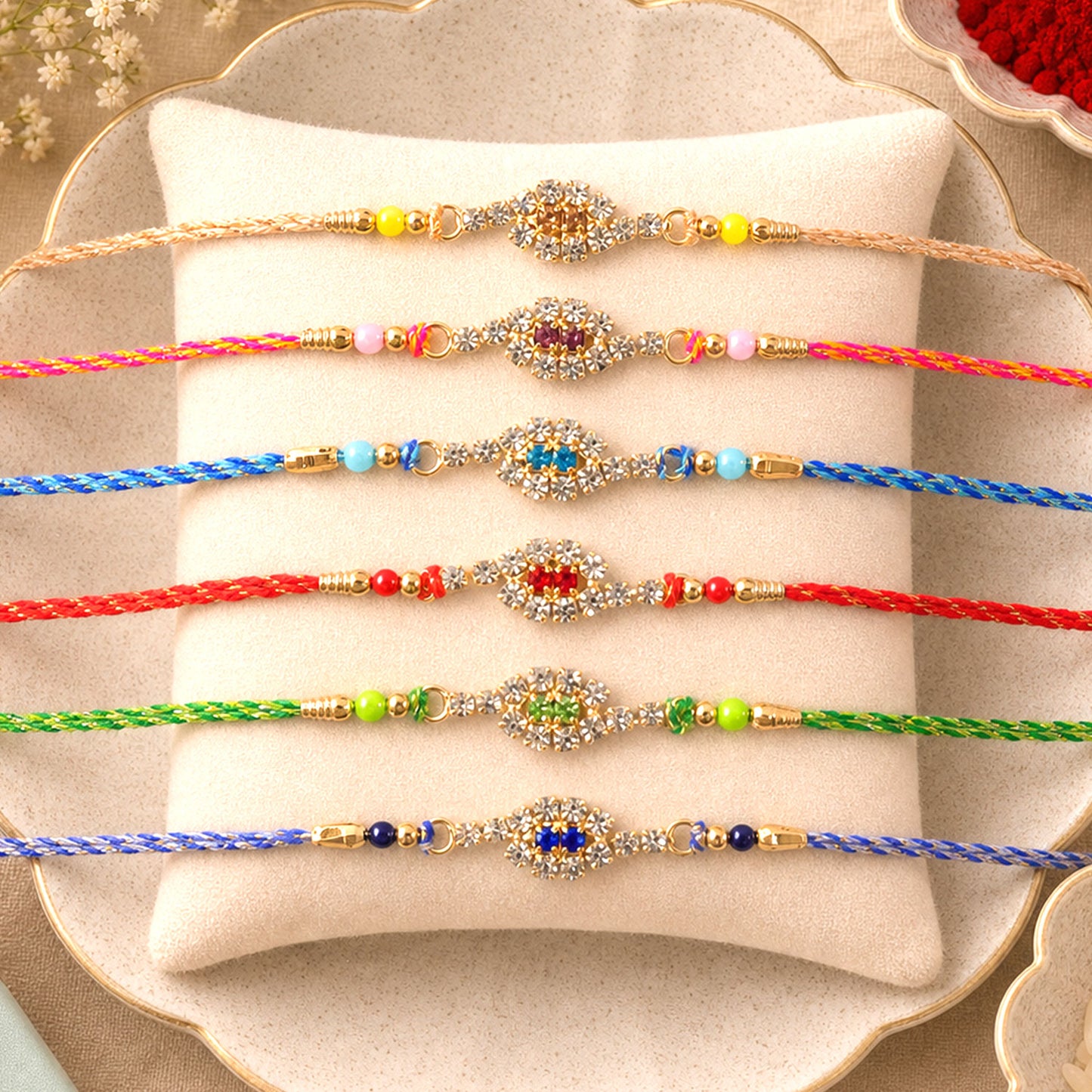 Oval Halo Motif Rakhi with AD Stones for Brother (Pack of 6)