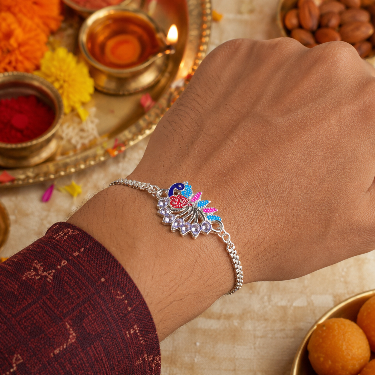 Peacock Rakhi, Enamel Finish Silver-Tone Design for Raksha Bandhan (5pcs)