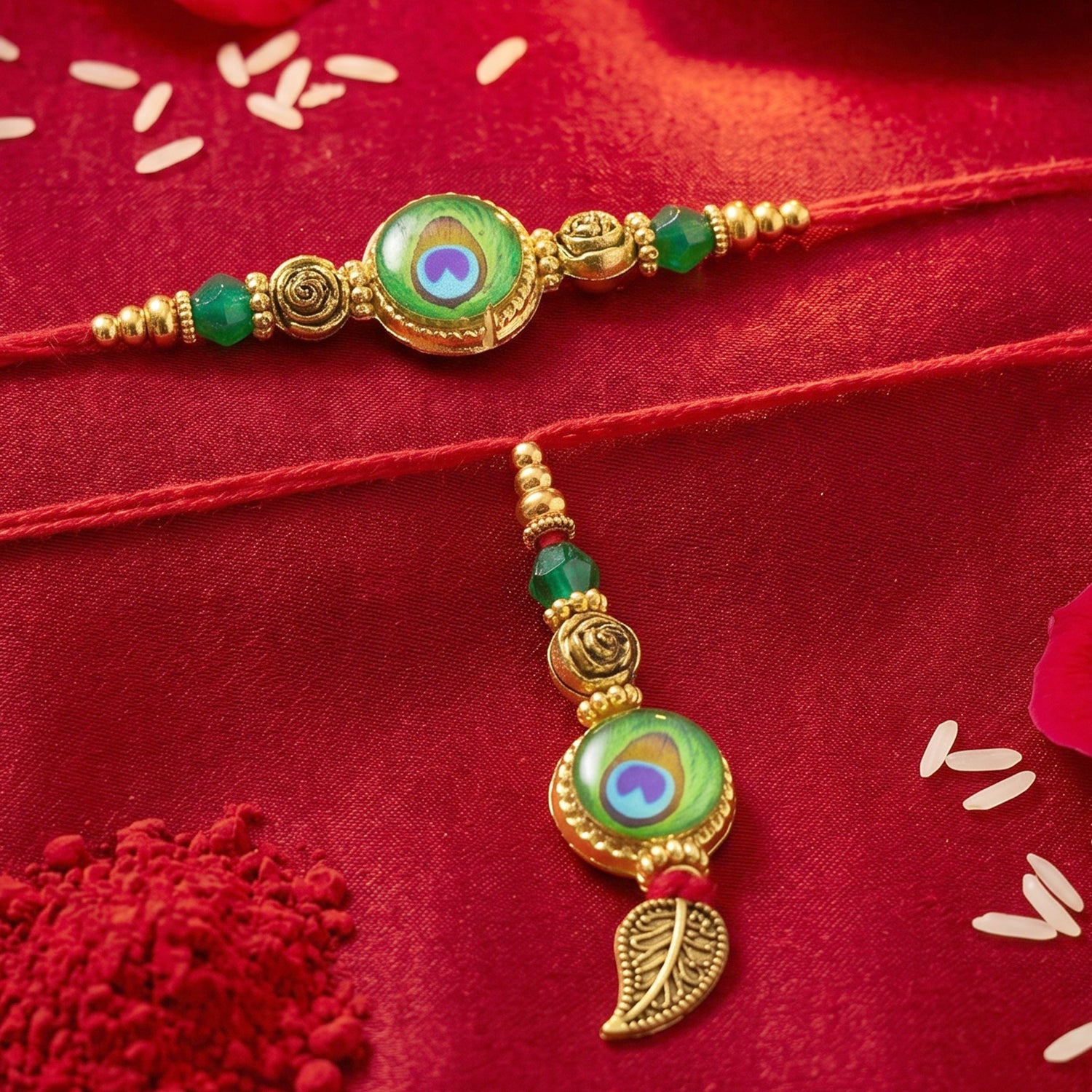 Morpich Bhaiya Bhabhi Lumba Rakhi with Green Beads and Gold Hanging Charm