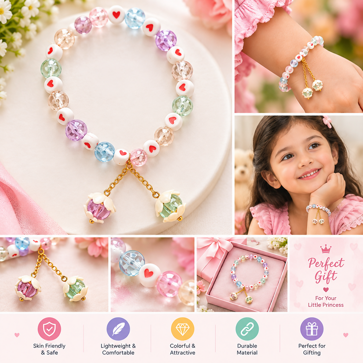 Collage showing the multicolor beaded bracelet, a child wearing it, and its packaging with feature icons.