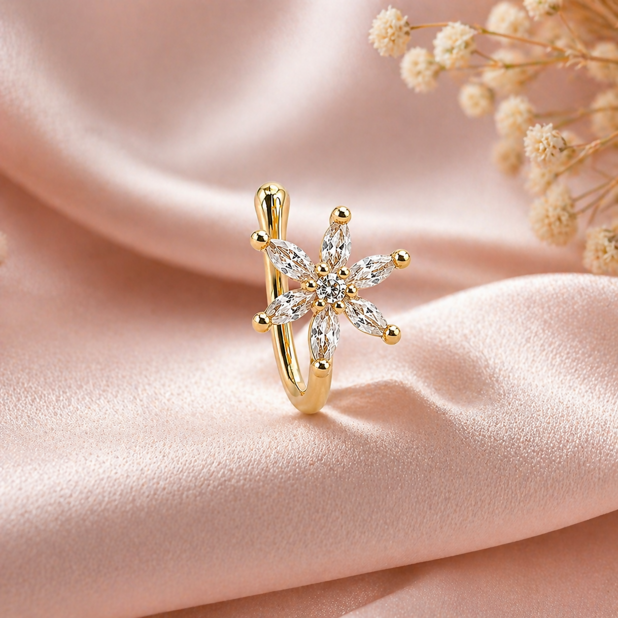 Floral gold-plated nose stud with clear gemstones - angle 02