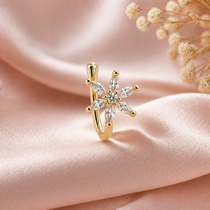 Floral gold-plated nose stud with clear gemstones - angle 02
