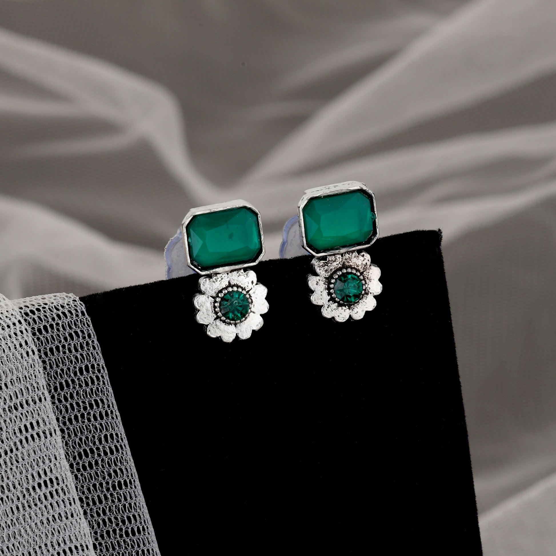 Bohemian Oxidized Silver Choker Set with Emerald Green Stones