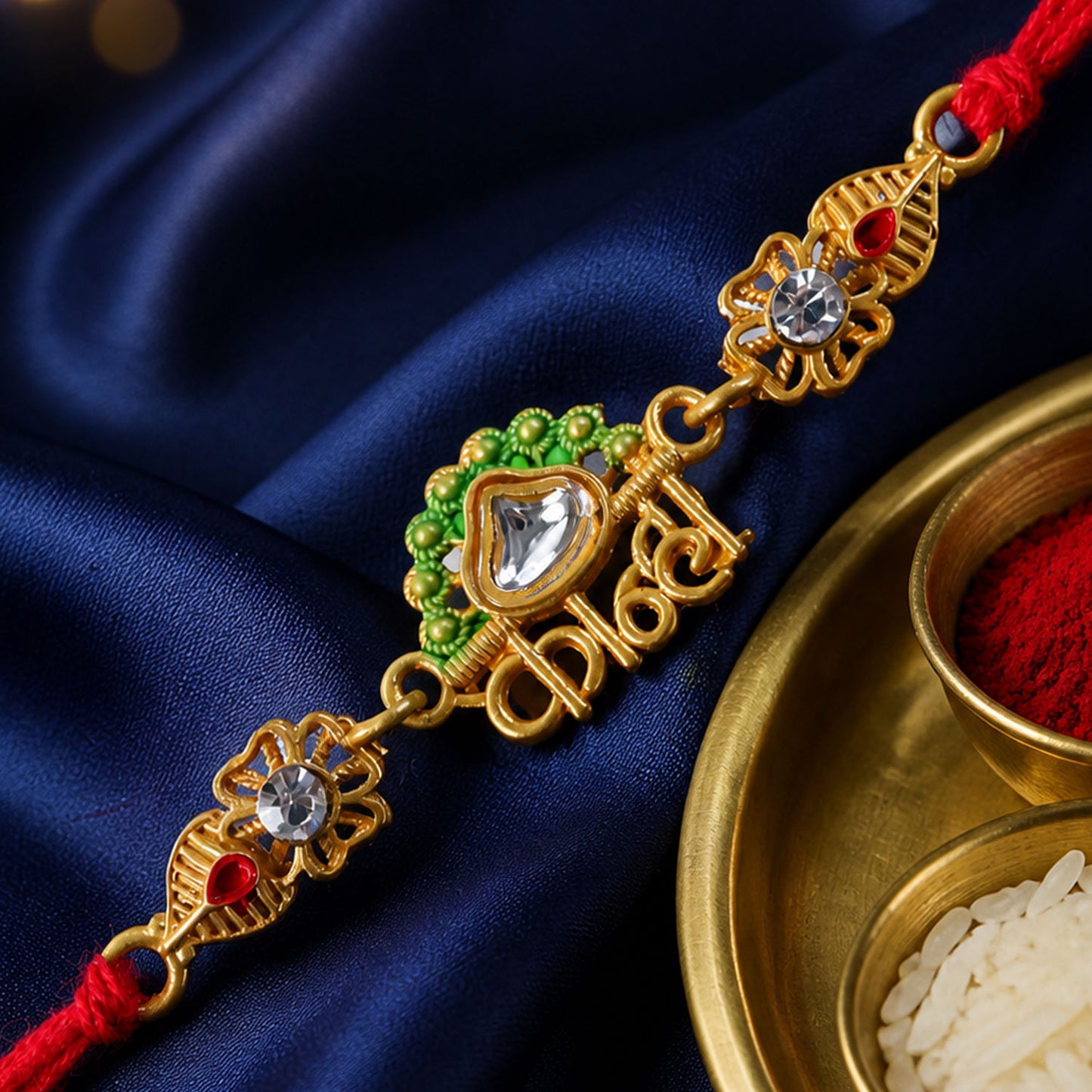 Elegant Rakhi showcasing Personalized Name Script, gold trims and wrist look for Gift