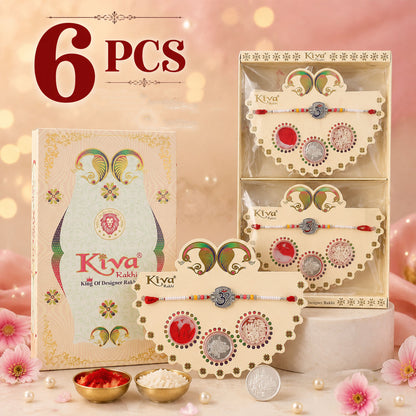 Om Symbol Silver Centre Rakhi with White Beads, Roli Chawal Coin and Peacock Gift Packing