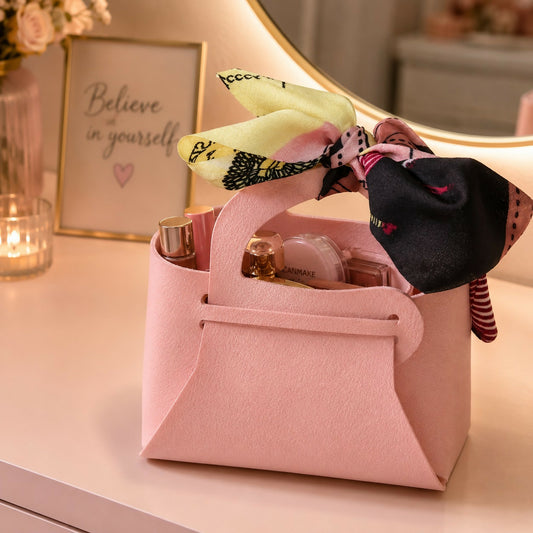 Mini pink handbag with printed ribbon bow on white background