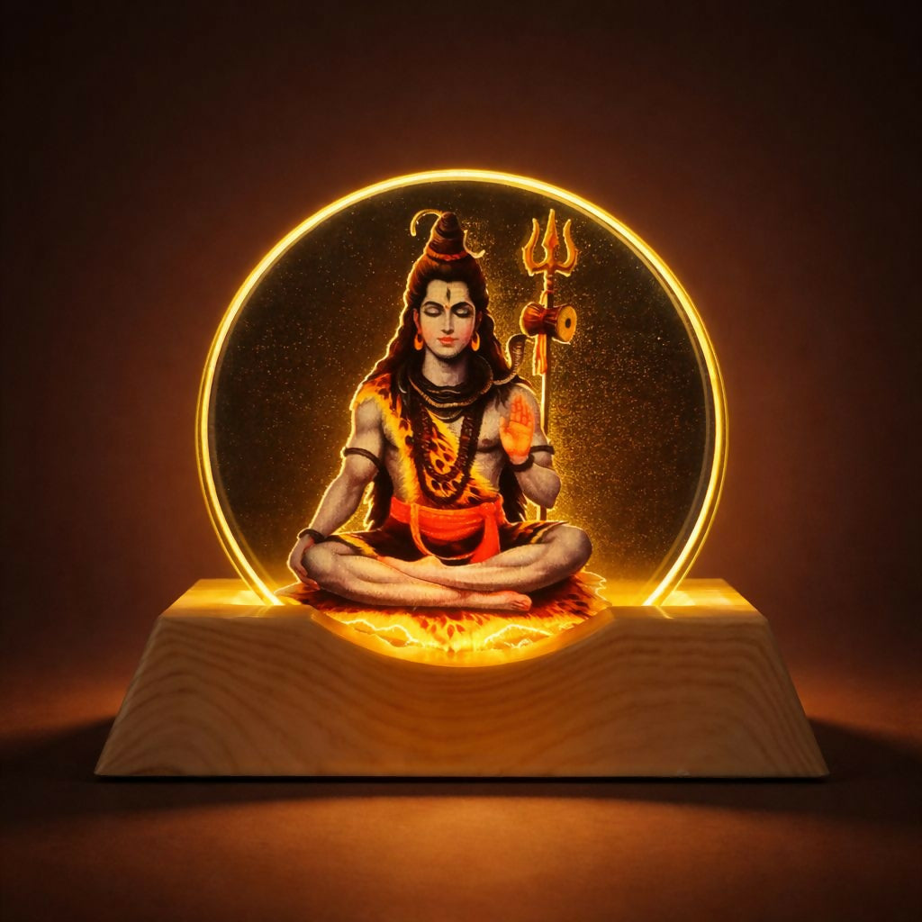 LED Lord Shiva Acrylic Lamp with Wooden Base Spiritual Decor
