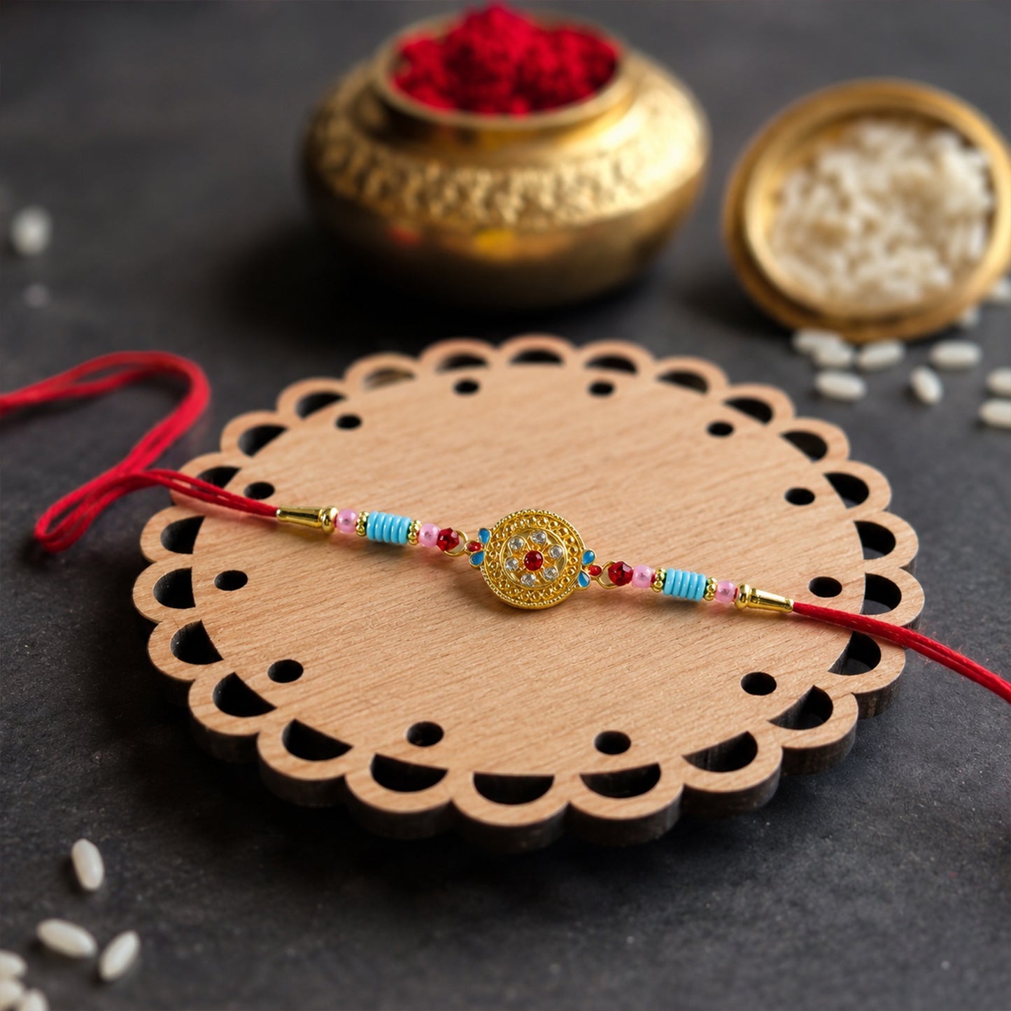 Top view of traditional Round Diamond Designer Rakhi
