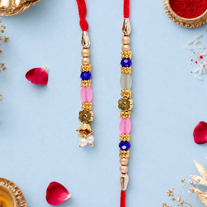 Graceful Floral Cluster Bhai Bhabhi Rakhi with Flower and Pearl Drop for Gifting