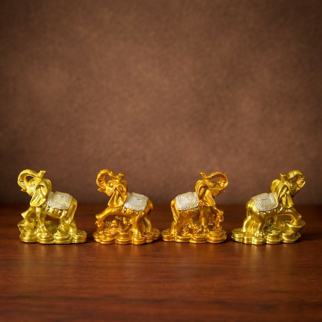 Golden Elephant Showpiece Set of 4 for Home Decor, Wealth & Good Luck