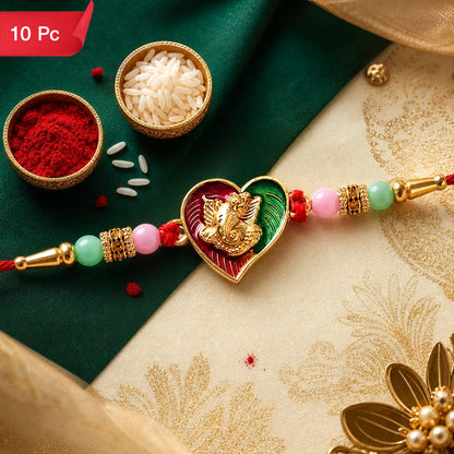 Lord Ganesha Rakhi Heart Shape Traditional for Raksha Bandhan (10pcs)