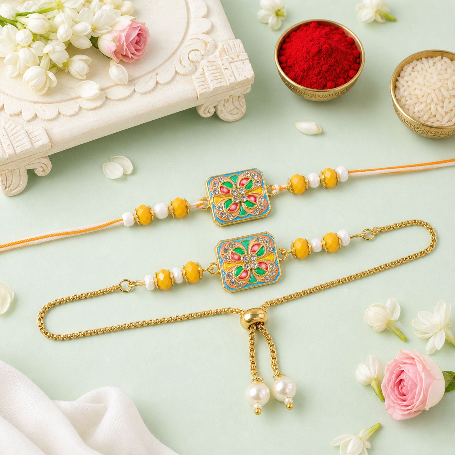 Square Meenakari Floral Studded Crystal Pearl Beads Bhai Bhabhi Rakhi Lumba Set