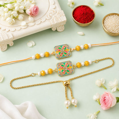 Square Meenakari Floral Studded Crystal Pearl Beads Bhai Bhabhi Rakhi Lumba Set