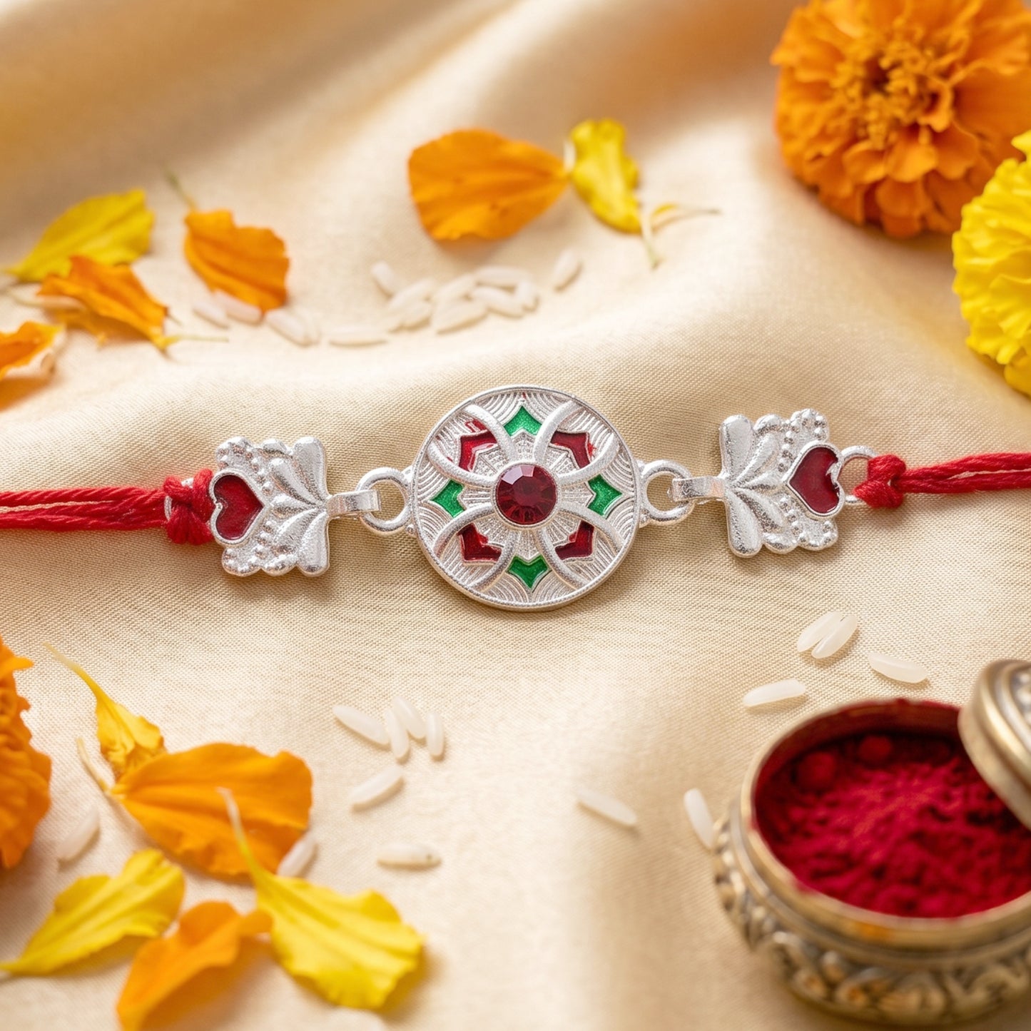 Silver Decorative Rakhi for Boys with Red and Green Accents