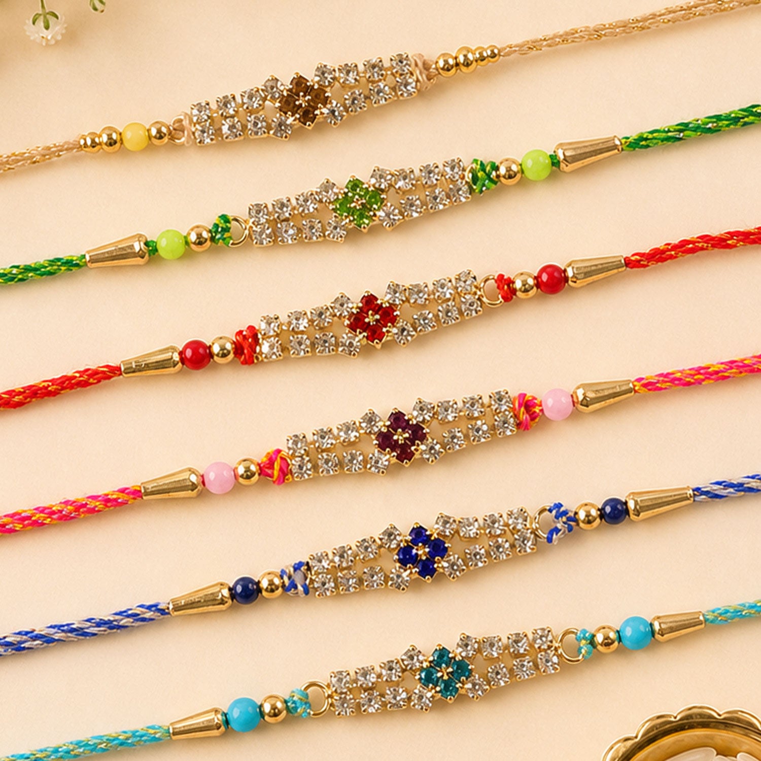 Floral Motif Stone Bar Rakhi for Raksha Bandhan (Pack of 6)