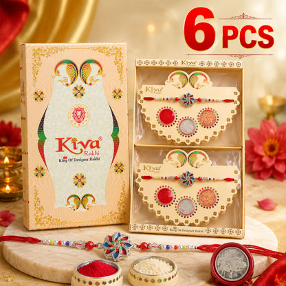 Multicolor Floral Chakra Rakhi with Pearl Beads, Roli Chawal Coin and Peacock Card Packing