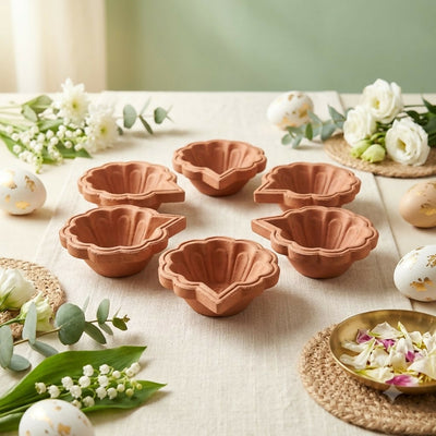 Traditional Flower Shape Terracotta Clay Diya 6 Pcs Set for Pooja and Festival Decor