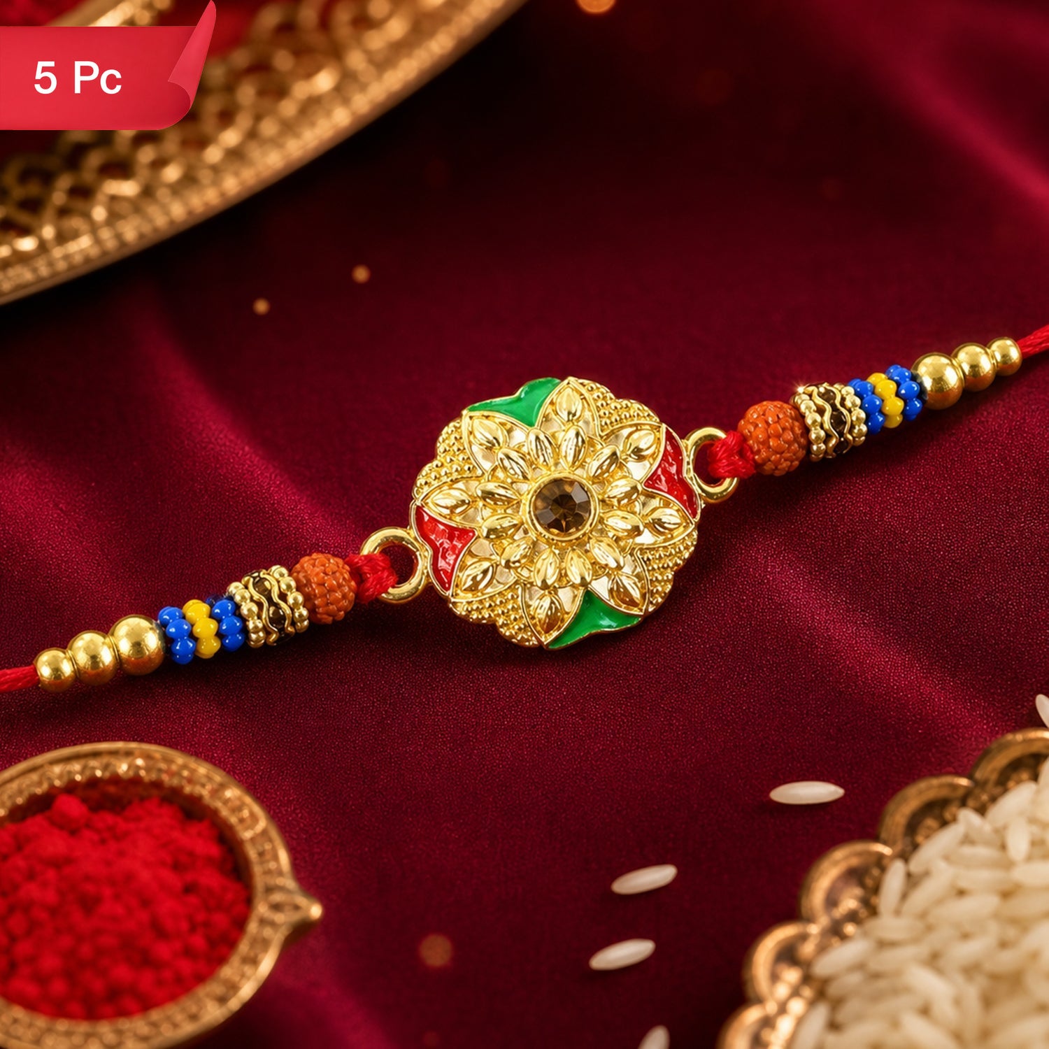 Floral Kundan Stone Designer Rakhi Set for Raksha Bandhan Special (5pcs)