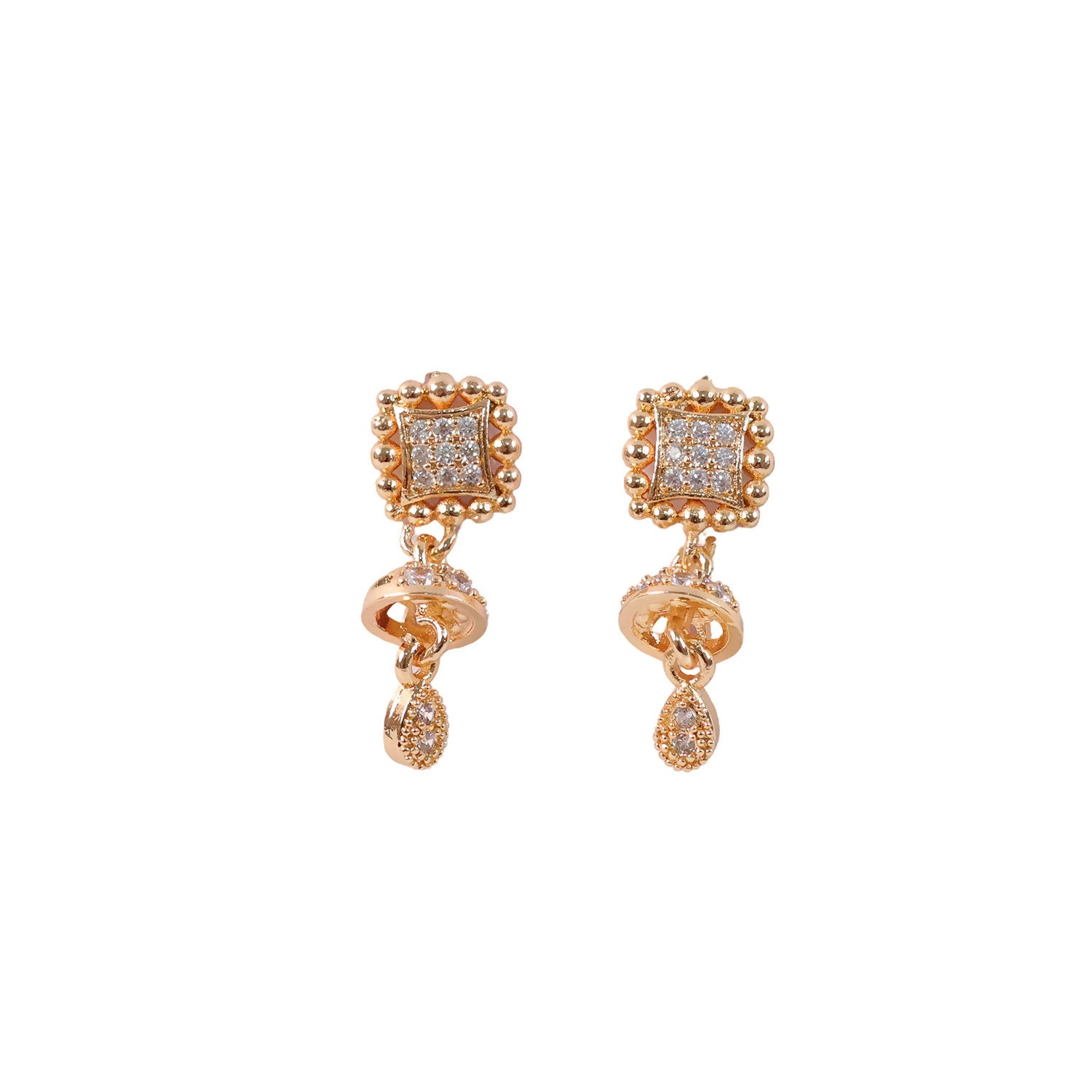 Pair of gold Jhumka drop earrings showcasing clear pavé crystals and teardrop charm